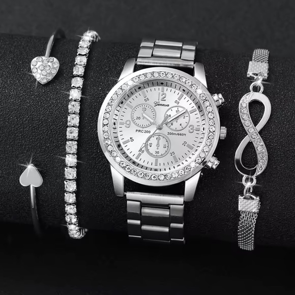 Accessories - Rhinestone Women’s Watch Set Silver Stainless Steel Quartz Bracelet Set